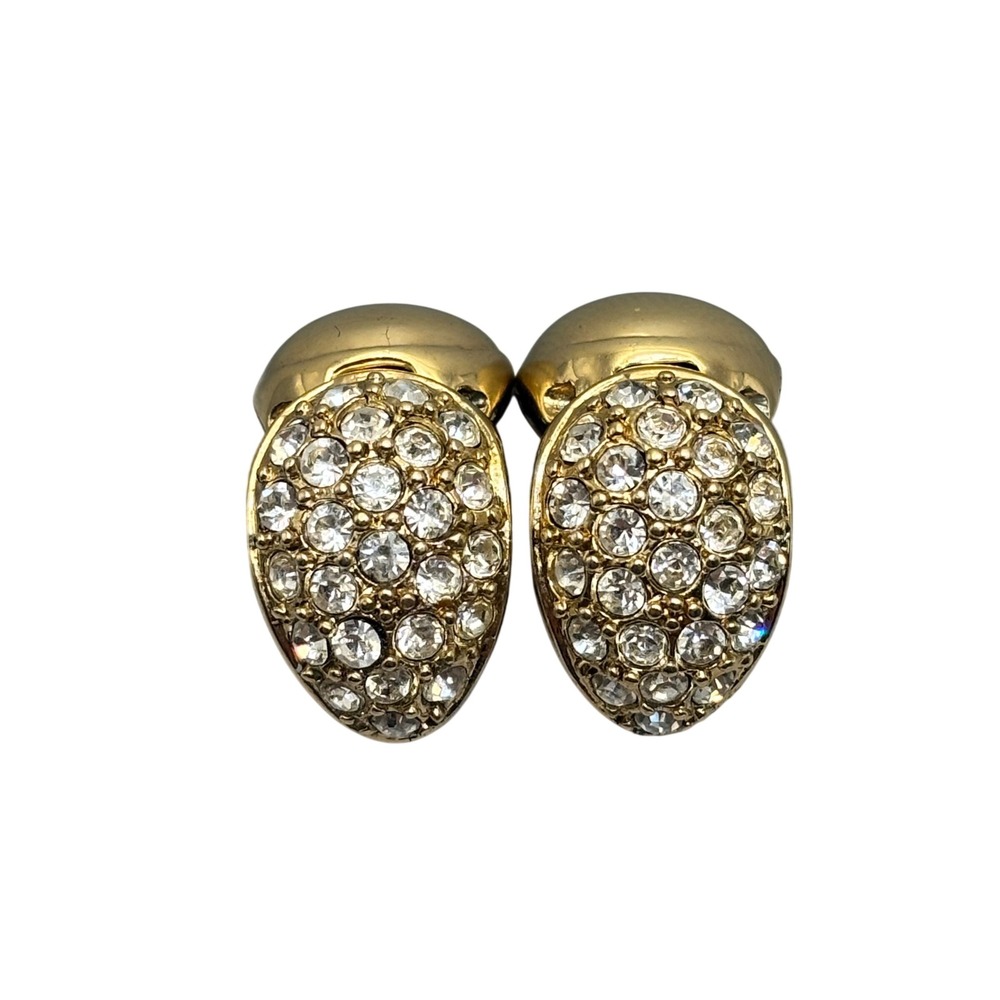 Vintage 80s 90s Gold‎ Pavé Rhinestone Oval Clip On Earrings Statement Sparkly